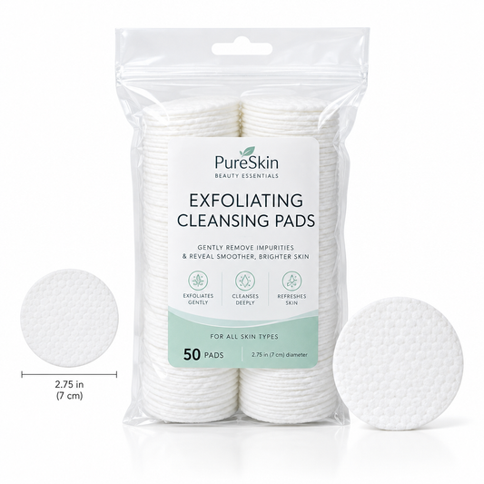 Full sealed package of 50 GeVi Beauty Exfoliating Cleansing Pads shown on white background with size reference