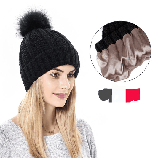 Satin Lined Beanie with Fur Pompom - GeVi Beauty 